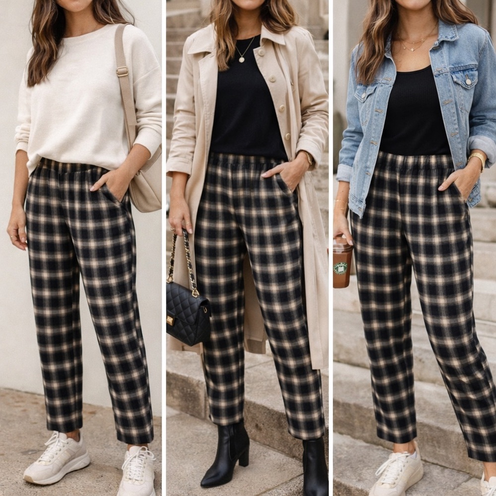 New In Black and Tan Plaid Pants with Elastic Waistband